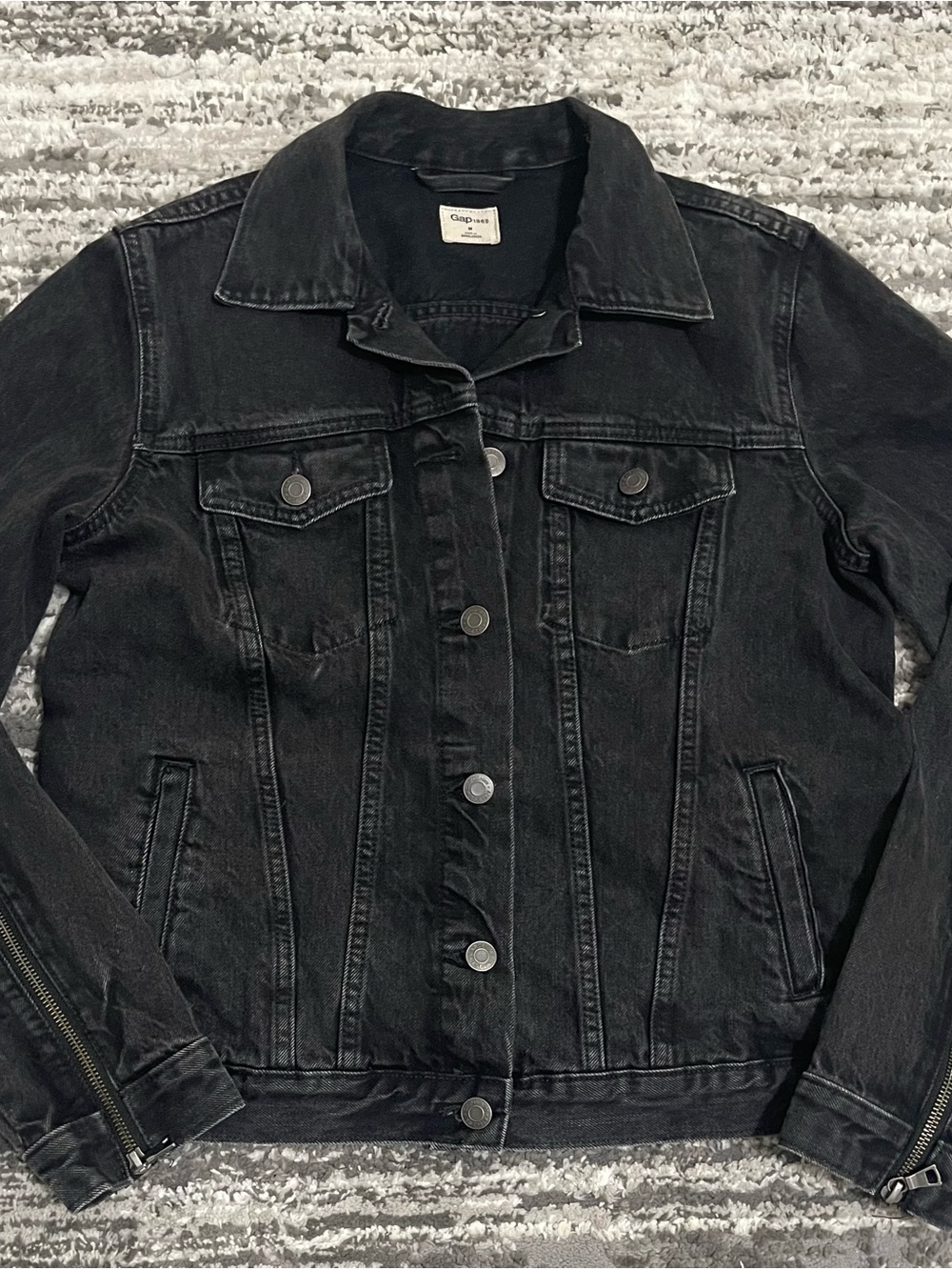 GAP Black Denim Trucker Jacket with Zip Cuff Detail